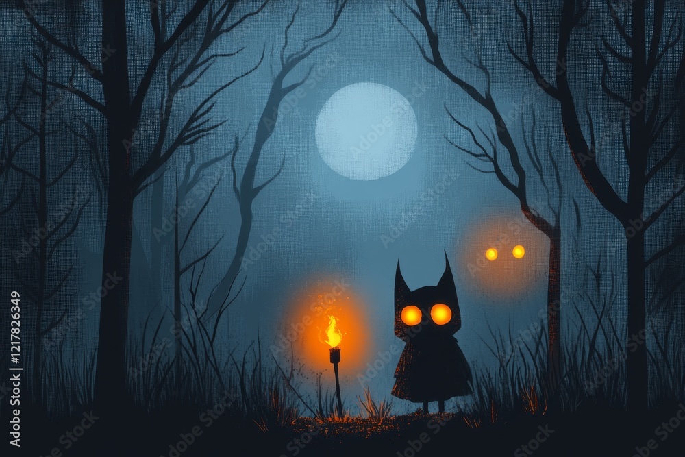 Poster a pixel art scene of a small character walking through a dark forest, their torch casting limited li