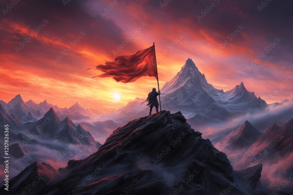 Poster a pixel art scene of a sunrise over a pixelated mountain range, with a tiny character standing at th