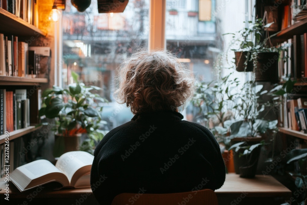 Poster A quiet library with rows of bookshelves, soft light streaming in through tall windows, and a person sitting alone reading