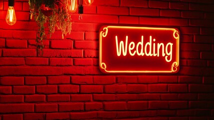 Fototapeta premium Glowing LED sign that reads Wedding in neon lights on a red brick wall ideal for a Valentines Day invitation