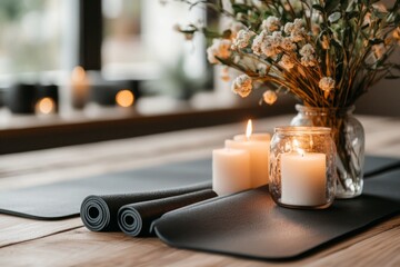 A quiet yoga studio with rolled mats, glowing candles, and an atmosphere of calm and mindfulness