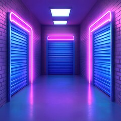 Neon-lit hallway with three storage doors in vibrant colors.