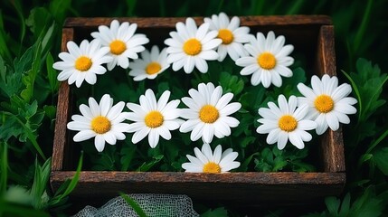 Obraz premium A wooden box filled with daisies on the grass, protected by a net below