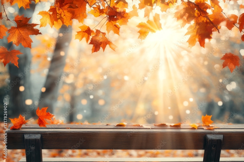 Poster a serene park bench under a large oak tree with fallen leaves scattered around, and sunlight streami