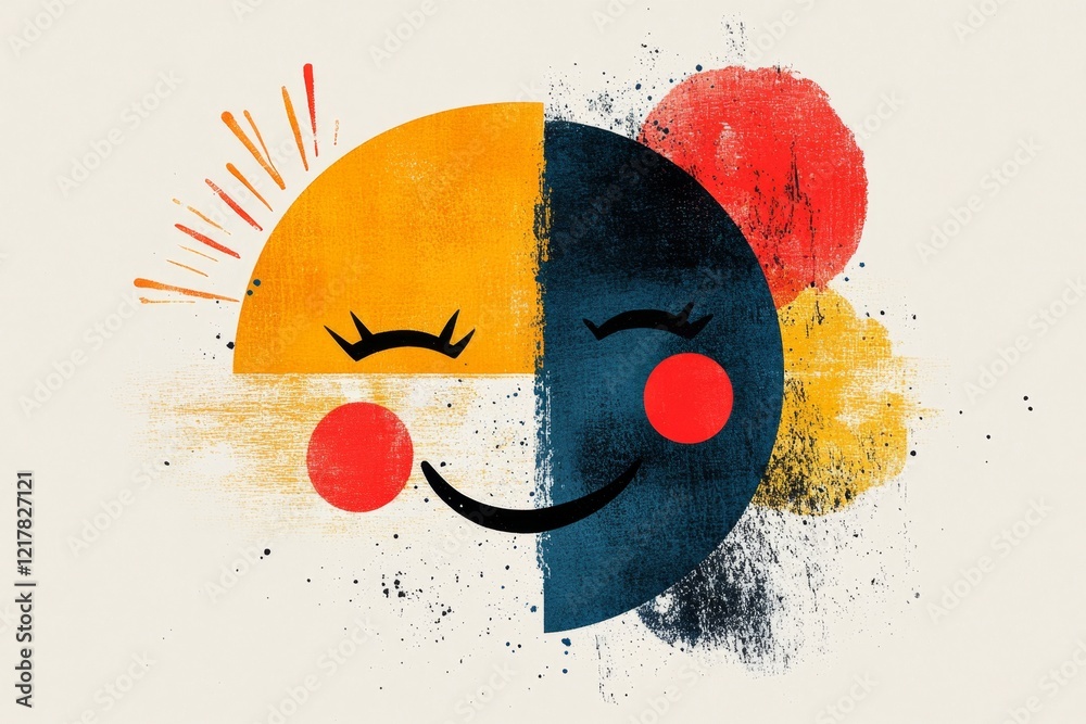 Aufkleber A simple design of a cheerful face made with a curved line for a smile and two dots for eyes, surrounded by vibrant colors
