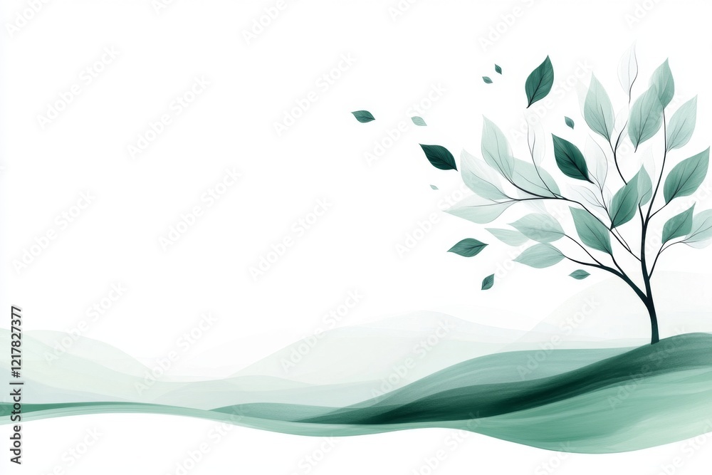 Poster a simple line-art illustration of a serene tree with falling leaves, drawn in soft green tones on a 