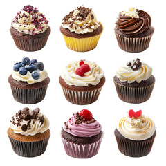 Tempting collection of fresh cupcakes showcasing a variety of toppings and flavors on a transparent background, fresh cup cake isolated on transparent background