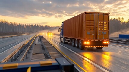 Fototapeta premium Cargo truck logistics truckload concept. A truck with a cargo container travels on a wet highway during sunset, showcasing a serene and dynamic transportation scene.