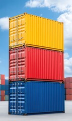 Fototapeta premium Colorful Stacked Shipping Containers Against Clear Blue Sky with Clouds in a Logistics Warehouse Environment