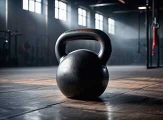 Fototapeta premium A black kettlebell stands prominently on a wooden gym floor, illuminated by soft beams of light, creating an inspiring and focused workout atmosphere.
