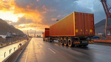Fototapeta premium Cargo truck logistics truckload concept. A vibrant sunset illuminates a truck carrying shipping containers on a wet road, showcasing transportation and trade in a scenic port setting.