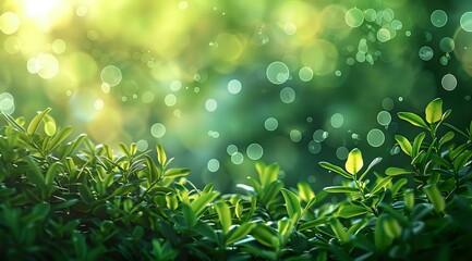 Obraz premium Fresh green leaves against blurred bokeh background with sunlight creating magical spring atmosphere. Perfect for nature, wellness, and environmental projects.