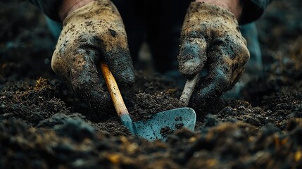 Dirty Hands Holding Gardening Tools In Soil