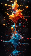 Dynamic liquid art photography featuring orange and blue paint collision with floating spherical droplets against black background, perfect for creative design projects.