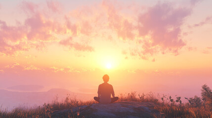 Tranquil Sunrise: Character Sitting Alone on Hilltop, Reflecting in Peaceful Solitude with Warm Hues of the Rising Sun and Expansive Horizon.