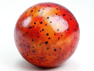 Fototapeta premium A glossy, spherical object with a vibrant red and orange surface, dotted with black.