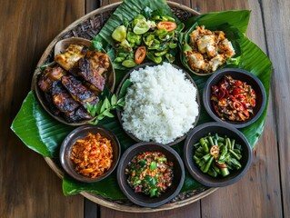 A mouth-watering bowl of cooked jasmine rice topped with a colourful assortment of fresh vegetables, leafy greens, and savoury meat, ready for a nutritious lunch or dinner