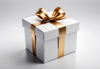 Obraz premium A beautifully wrapped white gift box adorned with a shiny golden ribbon, symbolizing celebration and giving.