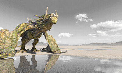 dragon is grounded on the desert after rain side view