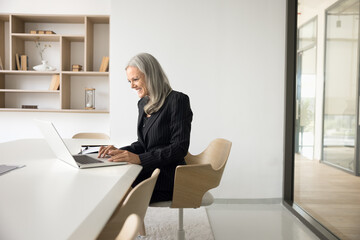 Businesswoman smile while working on laptop seated in boardroom, typing e-mail, solve...