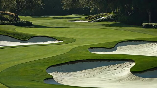 Golf course featuring multiple sand bunkers and lush fairways under bright sunlight