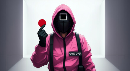 masked figure in pink hoodie holding circle in game environment showcasing culture and tension