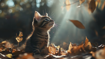 Obraz premium Kitten in the sun. Kitten, forest, blurry, background autumn, leaves, trees, light. Autumn leaves lit up in the trees. A blurry background of trees and leaves in the forest in lifestyle kitten.
