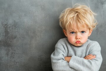 A young child crossing their arms and pouting in defiance, their expression stubborn and filled with anger