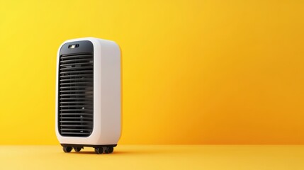 Minimalist portable air cooler standing on a bright yellow background, ideal for modern home interiors, summer cooling solutions, and stylish room accessories
