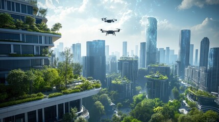 Obraz premium Two drones flying over a futuristic green city with sustainable rooftop gardens, showcasing innovative urban development and eco friendly technology