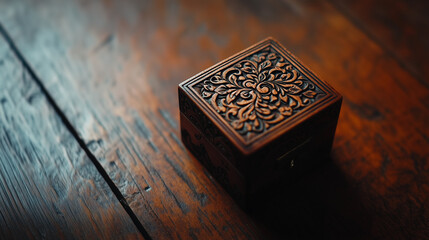 Title: Small, Ornate Wooden Box with Intricate Carvings on a Rustic Wooden Surface
