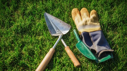Garden weeding tools on a grassy lawn. Featuring a hoe, gloves, and a trowel. Highlighting the activity of weeding. Ideal for gardening blogs and lawn care guides.