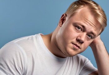 A thoughtful man in a white shirt poses against a serene blue backdrop, conveying introspection and emotional depth.