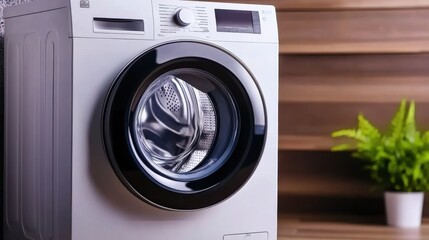 Modern washing machine with a sleek design, showcasing the interior and reflecting light, set against a warm wooden background for an appealing home laundry environment.
