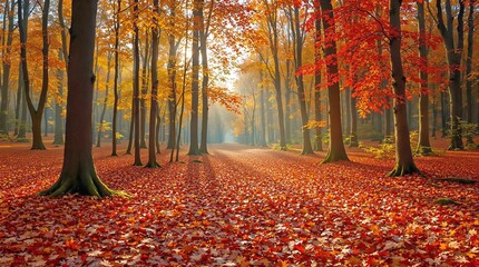 Autumn Forest Path with Vibrant Red and Orange Leaves
