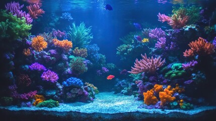 Obraz premium Vibrant coral reef aquarium scene with colorful fish and diverse marine life.