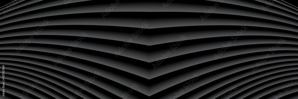 Poster Abstract black banner with 3d lines pattern, symmertrical minimal striped pattern background for business presentation.
