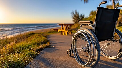 A black wheelchair positioned near a serene beach at sunset, capturing a moment of peace and reflection.