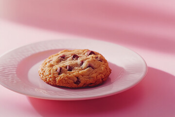 Chocolate chip cookie on a plate with a pink background