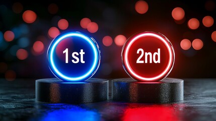 Two brightly lit podiums displaying '1st' in blue and '2nd' in red, set against a bokeh background.