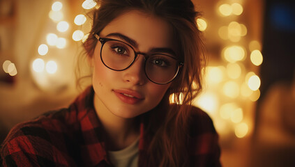 Stylish young woman in glasses and flannel shirt poses confidently, demonstrating natural and warm facial expression in a cozy room filled with soft light