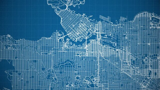 Ink reveal animation of Vancouver city, British Columbia, Canada, grid map. Aerial top view. Blueprint style. White lines with blue background. 4K Seamless loop.