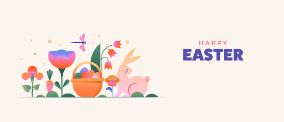 Happy Easter, Modern flat design with flowers, eggs and bunnies, pastel colors