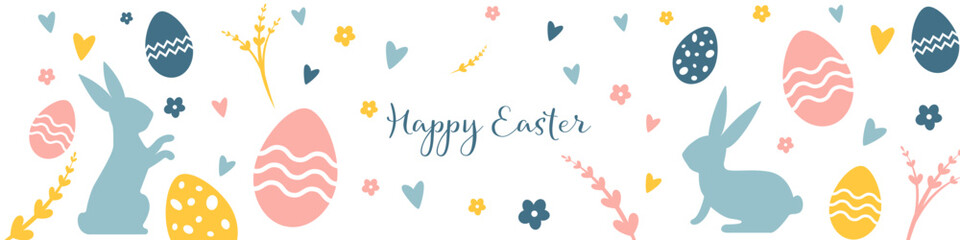 Easter pattern in pastel colors with bunnies, eggs, flowers, and hearts, featuring 