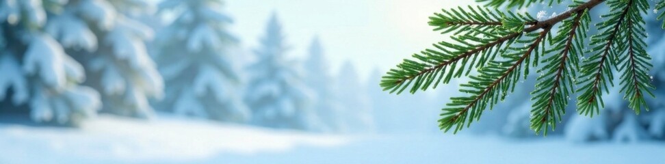 Obraz premium Frosty green fir branch on snowy white background, tree, nature, forest