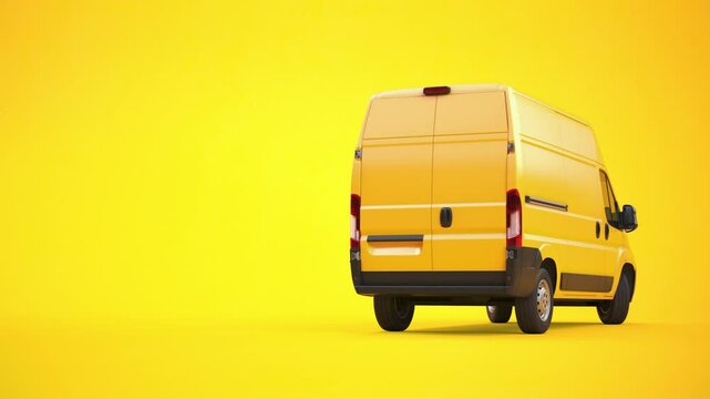 Cargo delivery van with open backdoor full of cardboard boxes and packages on yellow