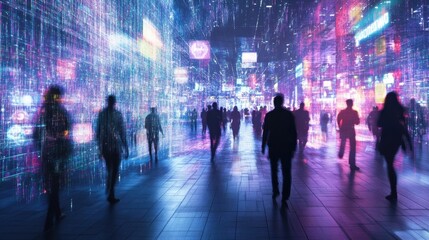 Ethereal avatars draped in radiant holograms negotiate in a bustling digital bazaar exchanging luminous tokens that pulse with energy.