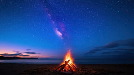 A serene beach scene at night featuring a glowing campfire under a starry sky, capturing the beauty of nature and tranquility.