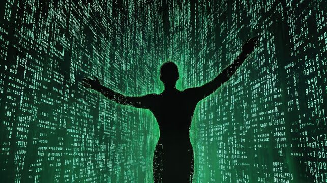 A human silhouette made of data streams and binary code reaching out towards a constellation of fintech applications symbolizing the human connection to technology.