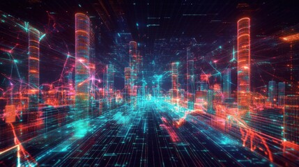 Obraz premium Digital data is flowing through a futuristic smart city, connecting buildings and infrastructure in a vibrant display of technological advancement